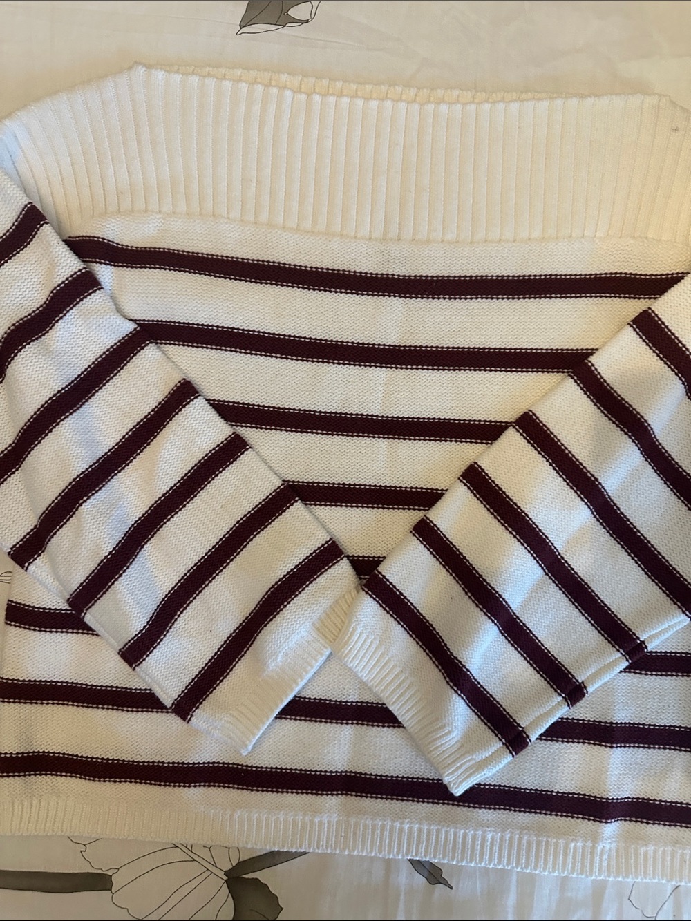 H&M Off-the-Shoulder Cream Sweater with Burgundy Stripes